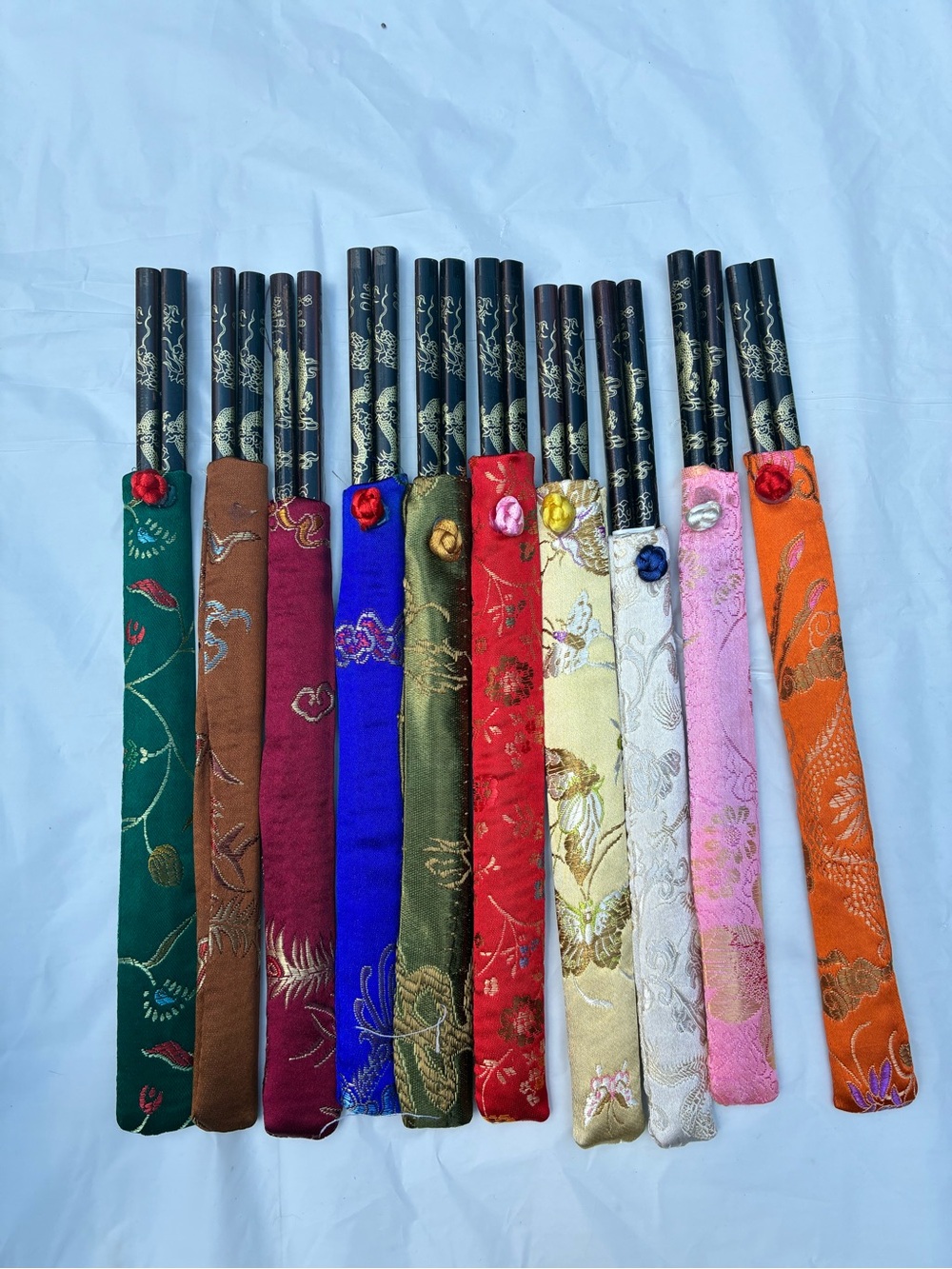 Set of Decorative Chopsticks with Embroidered Silk Sleeves - Multicolor